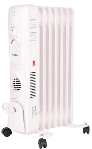 Cofan Radiador de aceite de 1500 W | 7 elementos | 3 niveles de potencia | Con termostato y ventilador | Protección antivuelco | 37 x 24 x 65 cm