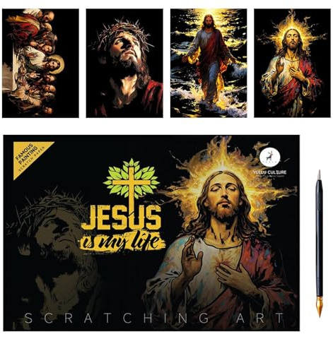 Celuicion Libro da grattare - Kit di pittura per graffiare Gesù, 1 set di artigianato creativo su cartone per compleanno amici 3 anni