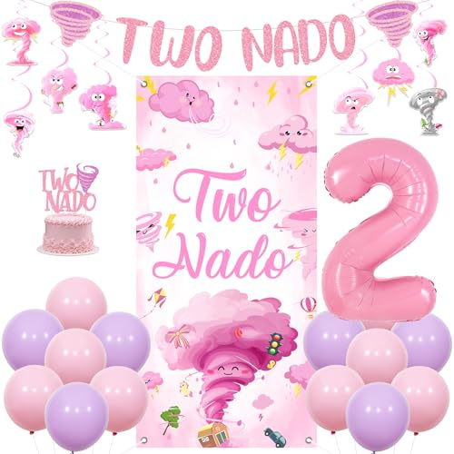 Cheereveal Two Nado Birthday Party Decorations for Girls Pink, Two Nado Door Banner Backdrop Cake Topper Hanging Swirls, Weather Storm Theme Tornado 2nd Birthday Baby Shower Party Supplies