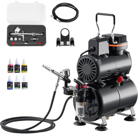 VEVOR Airbrush Kit med luftkompressor 1/6 HP dubbelverkande airbrush kompressor med 3 munstycken, slang, 4 akrylfärger, set för tårtdekoration, modeller, naglar