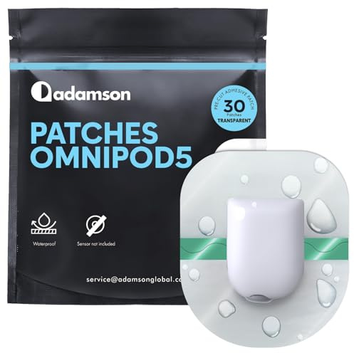 Adamson Omnipod 5 Overpatches – 30 Waterproof Omnipod 5 Adhesive Patches, No Glue on Center, Easy to Apply & Remove, Sweatproof & Skin-Friendly, Secure Hold for Active Lifestyles – PAC2 - Transparent