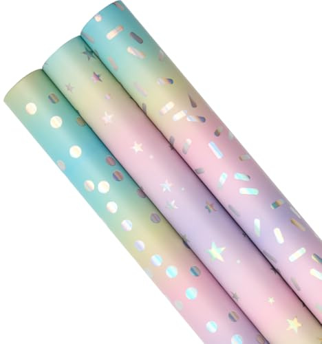 3 rollos de papel para envolver regalos de cumpleaños, 43 cm x 3 m, multicolor, reciclable, con estampado de lunares y estrellas, ideal para cumpleaños, Navidad, bodas y fiestas.