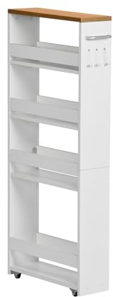 EGGREE Carrello a 5 ripiani, carrello da cucina stretto, scaffale a nicchia su ruote, in acciaio, maniglia, per piccoli spazi, 40 x 20 x 100 cm, cucina, bagno, soggiorno, studio, rovere + bianco