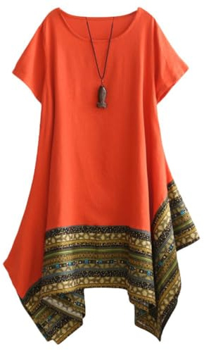 Minibee Women's Ethnic Cotton Linen Short Sleeves Tunic Dress, Orange, 2XL