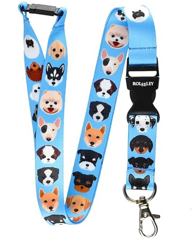 Rolseley Cordon Tour de Cou Bleu avec Motif Races de Chiens – Courroie de Cou porte Badge avec Clip Métal Amovible et Clip de Sécurité - Chiots mignons - Idéale Pour Les Clés de Badge D'identification