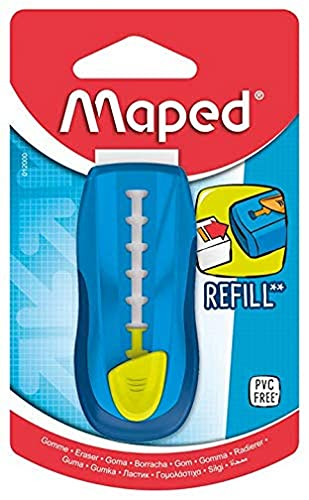 MAPED - Gomme Universal Gom Stick - Blanche avec étui de Protection - Porte-Gomme Rechargeable - rétractable - sans Phtalates et PVC - Coloris Bleu
