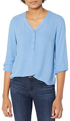 Amazon Essentials Women's 3/4 Sleeve Button Popover Shirt, French Blue, Large