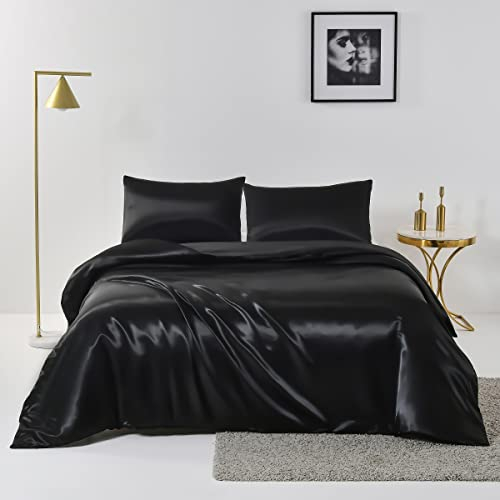Chanyuan Bettwäsche Satin 135x200cm Schwarz Einfarbig Glatt Glänzend Bettbezug 2 Teilig Glanzsatin Polyester Sommerbettwäsche Set mit Kissenbezug 80x80cm