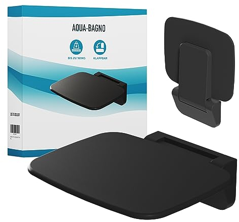 Aqua Bagno | Schwarzer Duschklappsitz zur Wandmontage, bis 160 kg belastbar, Klappbarer Sitz für Dusche für Senioren