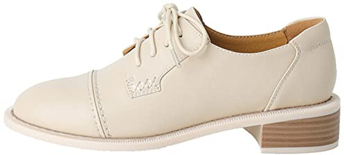 Women's Perforated Classic Lace-up Oxfords Brogue Wingtip Round Toe Derby Saddle Leather Shoes for Women Girls Lady Wife Beige 9.5