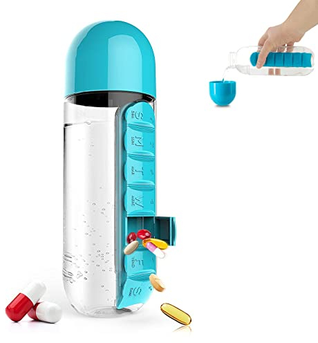 DHinkyoung 2 in 1 Pill Box Cup 7 Days Planner Travel Pill Organizer Drinking Cup Portable Pill Organizer Water Bottle 600 ML Detachable Water Bottle with Medicine Box for Family Travel Work
