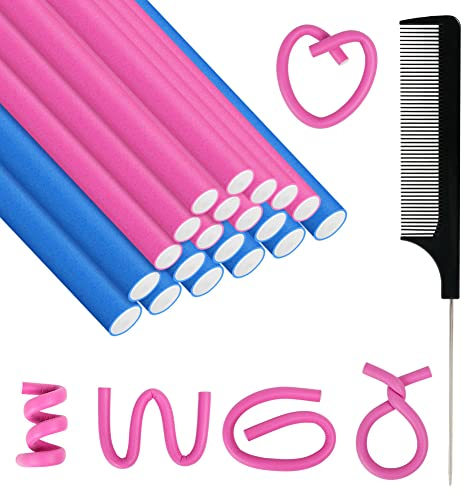AOOWU Bigodini Flessibili, 20 Pz Arricciacapelli Con Pettine, Senza Calore per Styling Capelli Ricci, per Dormire, Lunghi e Medi