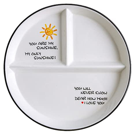 OnePine Plato Redondo de Porcelana para Control de Raciones, Dividido para Dieta de Adultos, Adelgazamiento y Alimentación Saludable, Diámetro: 23cm/9 inch