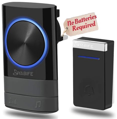 YABIFE Self-Powered Wireless Doorbell, Cordless Plug in Door Bells, IP44 Waterproof Door Chime Bell, 58 Ringtones, 0-110dB Loud 4 Levels Volume, 500-1003ft Range, No Battery Required Black