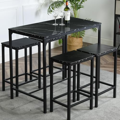 anrekl Ensemble table de repas et chaises, table de bar avec 4 chaises, comptoir de cuisine et de salon, bar, structure en acier, design industriel, table de bar 100x60x90CM, chaise de bar 30x40x65CM