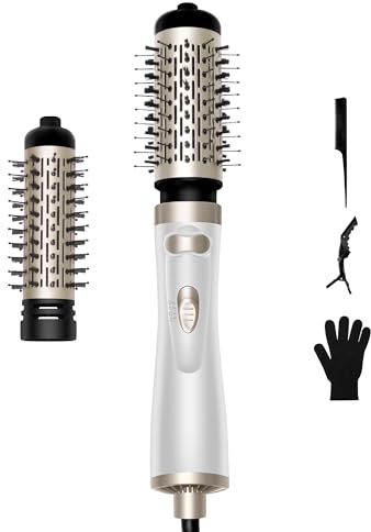 Rotierende Warmluftbürste, Föhnbürste Rotierend mit 1000 Watt und 2 Aufsätzen zum Trocknen, Glätten, Formen und für Volumen, Rotating Thermal Brush 3 en 1 Ionen-Technologie für Anti-Frizz-Effekt