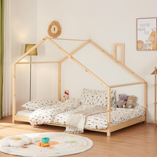 [en.casa] Letto per Cameretta a Forma di Casetta con Comignolo Letto Francese per Bambini Stile Montessori Struttura in Legno di Pino 140 x 200 cm Naturale