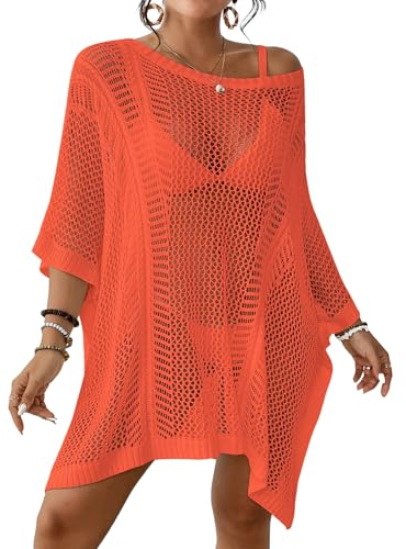 Bsubseach Strand Cover Up Sexy Ausgehäkeltes Cover Up Gestrickte Strand-Outfits mit Fledermausärmeln Orange