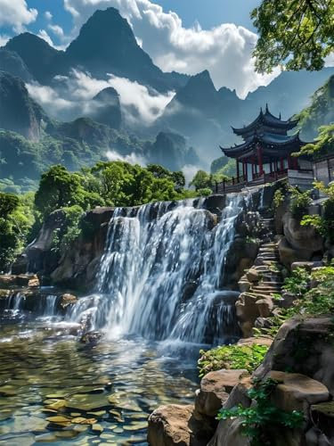 5D Diamond Painting Kits for Adults, Diamond Painting Waterfall Pavilion Diamond Art Kits Kids, Round Diamond Dots Crystal Gem Art Embroidery Paintings Kits for Home Wall Room Decor, 8x12 inch A-2246