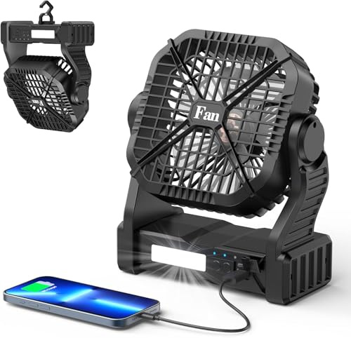 Qoosea Camping Ventilador Luz LED Portátil Camping Fan USB 8000mah Carpa Recargable Ventilador de Mesa Ventiladores de Techo con Gancho luz de Clase 3 de 4 Velocidades al Aire Libre Camió