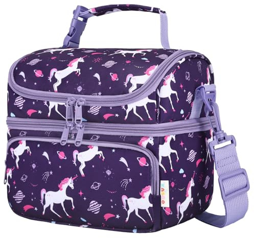 Kasgo Borsa Termica Bambini, Borsa Frigo a Due Piani Bambino Bambina Grande Borsa Termica Porta Pranzo Portamerenda con Tracolla Regolabile per Scuola Campeggio Unicorno Viola