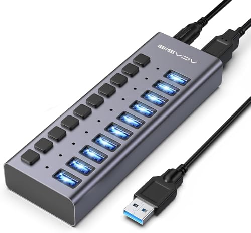 Hub USB 3.2 alimentato, ACASIS Hub USB 3.2 a 10 porte con velocità di trasferimento dati di 10 Gbps, hub USB alimentato con adattatore di alimentazione da 48 W, hub USB per PC/laptop,