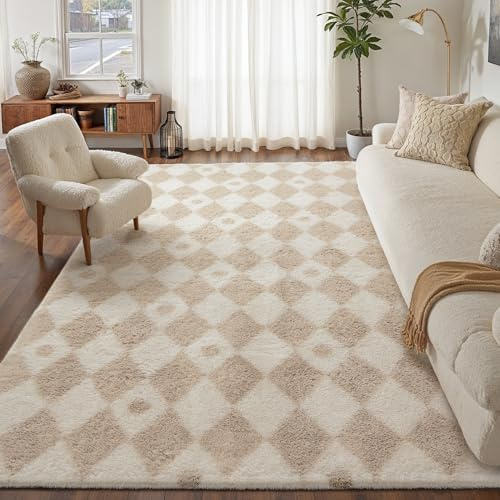 HUGEAR Flauschig Teppich Wohnzimmer 200x300 Teppiche Beige Weiß Shaggy rutschfest Rautenmuster Carpet Kinderzimmer MäDchen Junge Schlafzimmer Hochflor Weich