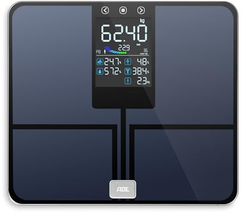 ADE Digitale Körperfettwaage mit großem Farbdisplay | alle Werte auf einen Blick | Körperanalysewaage bis 200 kg | Waage mit Körperfett und Muskelmasse | 8 Speicherplätze und Nutzererkennung | blau