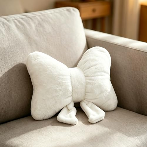 Qnbonrich Schleifenkissen, 3D-Kissen-Dekoration Mit Schleife, Weiches Plüschkissen für Sofa & Couch, Kuscheliges Schleifenkissen, ideal für Wohnzimmer, Schlafzimmer, Kinderzimmer, 30cm (Weiß)
