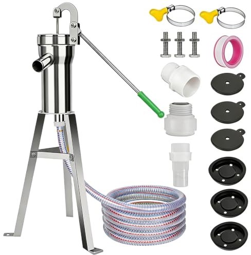 BRGD Pompe Manuelle en Acier Inoxydable, Main Pompe Puits Aspiration avec Tuyau de 5m, Support de Fixation et Kit D'accessoires pour Maisons, Jardins, Cours et Bassins