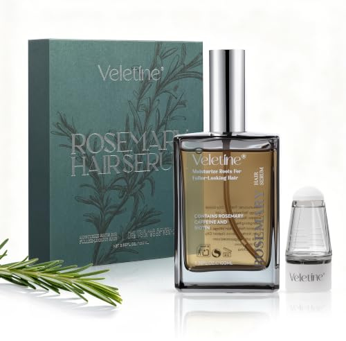veletine Sérum Capillaire Romarin Cheveux Clairsemés, Anti-Frisottis à la Biotine, Caféine & Huile d’Argan, Soin Hydratant Léger pour Cuir Chevelu et Cheveux Secs, avec Applicateur, 100 ml