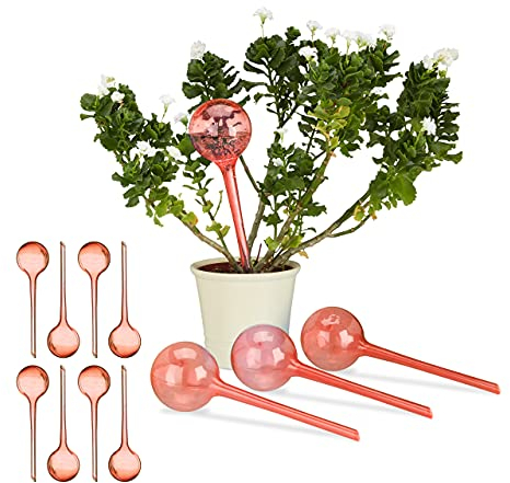 Relaxdays Globes d’arrosage en Plastique, Lot de 12, Distributeur Eau, Plantes, 2 semaines, 250 ML, Pot Fleurs, Rouge