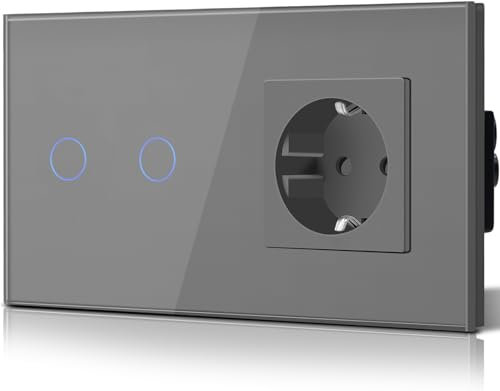 BSEED Lichtschalter mit Schuko Steckdose Glas, unterputz, 16 Amp CEE steckdosentresor, 2 Fach 1 Weg Touch Wandleuchtenschalter Grau, Flacher wechselschalter, Modern, Wasserdicht Innenschalter