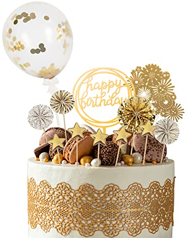 Beaface 13 PCS Cake Toppers Set, Happy Birthday Toppers with Sequins Balloon Paper Fans Stars Acrylic Cake Decorations (Gold)