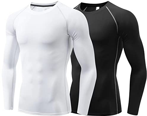 Sillictor Compression Tops for Men Quick Dry Football Training Running Top Mens Long Sleeve Hiking Golf Ski Base Layer Tops Men Sports Thermal Underlayer High Wicking Muscle Support 3323 Black White L
