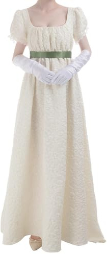 FCCAM Vestido largo de baile estilo imperio vintage y victoriano, inspirado en Jane Austen en la época de la regencia inglesa, con guantes incluidos, para mujer, beige, XXL
