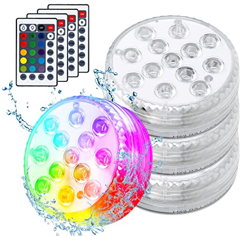 Aoreun Lumière LED Submersible, 4 pièces Lampes LED Imperméable avec Télécommande, 16 RGB Couleurs Changement Lampes LED Submersibles Étanche pour Piscine Aquarium Baignoire Étangs Jardin Décoration