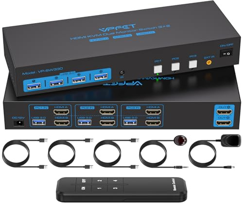 HDMI KVM Switch 4K60Hz 3 Computer Sharing 2 Monitor with 4 USB 3.0 Ports Support Copy and Extended Display and Including 3 USB 3.0 Cable