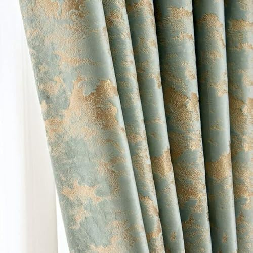 Amidoudou Pencil Pleat Velvet Curtains 1 Pair for Bedroom Living Room - Luxury Retro Gold (Light Green, 66 x 84 Inch)