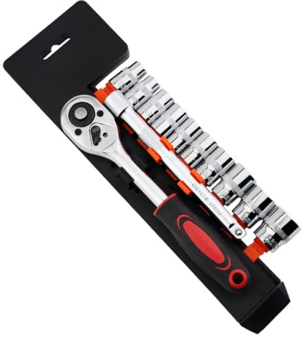 HENYQANN 12 Pezzi Set di Chiavi a Bussola a Cricchetto Reversibile da 3/8 Set di Chiavi a Cricchetto CR-V Inserti per Punte Esagonali da 8-19 mm e Prolunga Adattatore da 3/8 (6 Pollici)