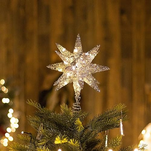 MUCOOS Stella in Metallo Argento, Punta per Albero di Natale Illuminata LED, Decorazione Natalizia con Glitter e Luce, Perfetta per Albero di Natale e Albero di Natale con Luci 18JY