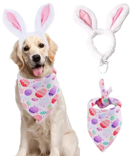 ANIAC Easter Dog Headband and Egg Bandanas Set Plush Bunny Ears Costume for Small Medium Large Dog Pet Easter Costume Accessories for Cat Dog (Pink H+Bandana, Large)
