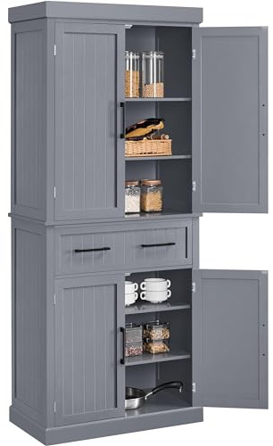 Yaheetech Tall Kitchen Pantry Cupboard 183.5cm with 4 Doors & Drawer Grey | 2 Adjustable Shelves, Anti-tip Kit, Central Storage Drawer, Freestanding Design, for Kitchen, Dining, Living Room & Bathroom