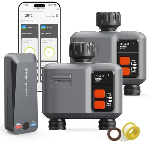 johgee 2-pack bevattningsdator WLAN med 300 m RF-teknik, bevattningsklocka för trädgårdsbevattning kompatibel med Alexa & Smart Life-app, automatiskt bevattningssystem för trädgård, gräsmatta