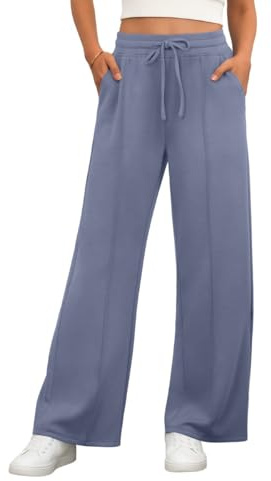 PrinStory Trousers For Women Elasticated Waist Straight Leg Work Trousers Pull On Casual Drawstring Stretch Yoga Pants With Pockets (Haze Blue, L)