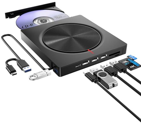 Lettore DVD Unità Esterna USB 3.0&Type C Lettore CD/DVD -/+RW Drive CD ROM per PC Portatile con 3 porte USB-A, USB 3.0, DV e Lettore di Schede TF/SD per Win/MacOS/Linux/Laptop/Desktop/Macbook Air/Pro