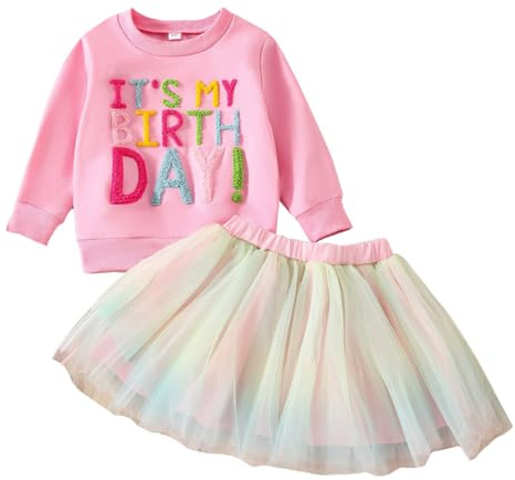 LUVCES Conjunto de Cumpleaños para Niña Pequeña, Camiseta con Bordado de Letras+ Colorida Tutú Falda de Tul Vestidos de Cumpleaños para Niñas Mangas largas rosas 5-6 Años