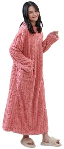 Dammorgonrockar teddy fleece – långärmad husklänning för kvinnor – långärmad nattlinne med fickor nattlinne plus size komfort handduk rock mjuk varm flanell fleece badrock, Rosa, one size