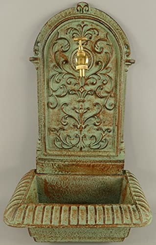 Casa Padrino Jugendstil Wandbrunnen Hellgrün/Rostfarben 36 x 24 x H. 65 cm - Nostalgischer Gartendeko Brunnen mit Wasserhahn - Garten Accessoires