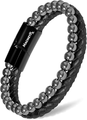 MagnetRX® Pulsera magnética de hematita y cuero, piedras naturales de máxima resistencia, pulseras magnéticas de hematita con cuentas (mediana)